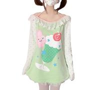 Womens Y2K Kawaii Shirt -Graphic Print Round Neck Sweatshirt Off Shoulder Lace Tops Cute Japanese Graphic Casual T-Shirt (Green,L)