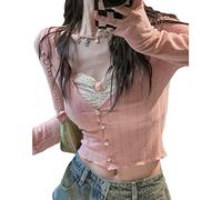 Women's Y2K Knitted Crop Tops Frill Lace Patchwork Sweetheart Neckline Slim Blouse Tee Long Sleeve Aesthetic Cardigan Streetwear (Pink, M)