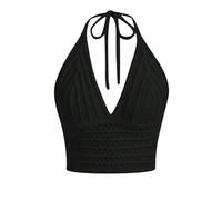 Women's Y2k Knitted Halter Crop Top Sexy Sleeveless Open Back Lace Up Back Crochet Cami Top Boho V Neck Ribbed Hippie Going Out Tops (A-02, S)