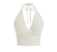 Women's Y2k Knitted Halter Crop Top Sexy Sleeveless Open Back Lace Up Back Crochet Cami Top Boho V Neck Ribbed Hippie Going Out Tops (A-01, S)