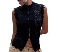 Womens Y2K Lace Cheongsam Vest Mandarin Collar Chinese Knot Buttons Crop Top Coquette Summer Going Out Tops (B-Black2, M)