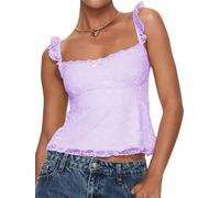 Womens Y2k Lace Floral Cami Tank Tops Going Out Crop Ruched Spaghetti Strap Mesh Slim Camisole Summer Tops (C Ruffle Lavender, L)