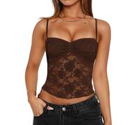 Womens Y2k Lace Floral Cami Tank Tops Going Out Crop Ruched Spaghetti Strap Mesh Slim Camisole Summer Tops Streetwear (A Dark Brown, L)