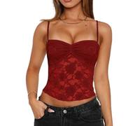 Womens Y2k Lace Floral Cami Tank Tops Going Out Crop Ruched Spaghetti Strap Mesh Slim Camisole Summer Tops Streetwear (A Red, M)