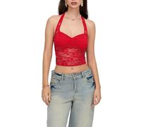 Women's Y2k Lace Halter Crop Tops Sexy Deep V Neck Cami Tank Top Slim Fit Backless Party Club Going Out Top Vest (D-Red, S)