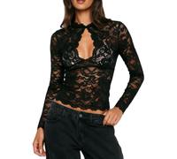 Women's Y2K Lace Keyhole Neck Long Sleeve Tops Slim Fit See Through Shirts | Women's Floral Lace Tops Mesh Sheer Cut Out Slim Fit Long Sleeve Cropped T Shirts Sexy Going Out Tops