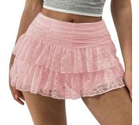 Womens Y2K Lace Mini Skirt Sexy High Waisted Tiered Lace Ruffle Solid Color Flowy A Line Skirt Summer Lounge Mini Skirt (A-Pink, M)