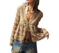 Womens Y2k Lace Tie Front Top Open Front Tie Long Sleeve Ruffle Trim V-Neck Shirt Boho Going Out Tops Coquette Clothes (A-Khaki, S)