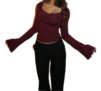 Women's Y2K Lace Trim Square Neck T Shirt Bell Long Sleeve Crop Tops Slim Fit Going Out Shirts Blouse Streetwear (Burgundy, S)