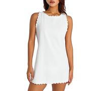 Women's Y2K Linen Tank Dress Sleeveless Scallop Trim Mini Sundress Crew Neck Solid Loose Beach Dress Bikini Cover Up A-line Dress (A-White, M)
