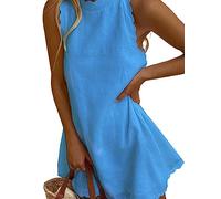 Women's Y2K Linen Tank Dress Sleeveless Scallop Trim Mini Sundress Crew Neck Solid Loose Beach Dress Bikini Cover Up A-line Dress (A-Blue, L)