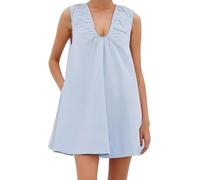 Women's Y2K Linen Tank Dress Sleeveless Scallop Trim Mini Sundress Crew Neck Solid Loose Beachwear Bikini Cover Up A-line Dresses (C-Blue, L)