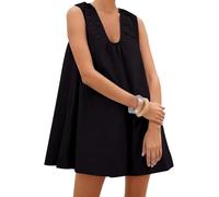 Women's Y2K Linen Tank Dress Sleeveless Scallop Trim Mini Sundress Crew Neck Solid Loose Beachwear Bikini Cover Up A-line Dresses (C-Black, S)