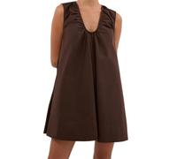 Women's Y2K Linen Tank Dress Sleeveless Scallop Trim Mini Sundress Crew Neck Solid Loose Beachwear Bikini Cover Up A-line Dresses (C-Dark Brown, L)