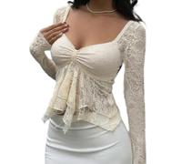Women's Y2K Long Sleeve Crop Top Sexy Slim Fit Square/V Neck Lace Trim Going Out Tops Basic Ribbed Knit T Shirts (B-1, M)