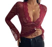 Women's Y2K Long Sleeve Crop Top Sexy Slim Fit Square/V Neck Lace Trim Going Out Tops Basic Ribbed Knit T Shirts (E-2, M)