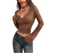 Women's Y2K Long Sleeve Crop Top Sexy Slim Fit Square/V Neck Lace Trim Going Out Tops Basic Ribbed Knit T Shirts (A-5, S)