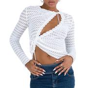 Women's Y2K Long Sleeve Lace Trim Crop Tops Sexy Tie-up Front Basic Tee Going Out Tops See-Through Blouses T-Shirts (D White, S)