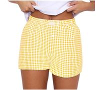 Women's Y2K Lounge Shorts Cute Elastic Waist Soft Plaid Print Button Front Pajama Bottoms Boxer Shorts Sleepwear Summer Cute Comfortable Pj Shorts Yellow
