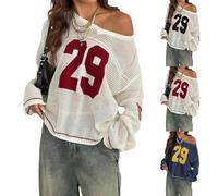 Women's Y2k Mesh Jersey Shirts Sheer Number Graphic Tees Oversized Long Sleeve Tee Streetwear Hollow Out Sheer Jersey Pullover Knit Tops 00-Red S