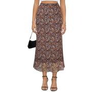Women's Y2k Mesh Midi Skirt Elastic High Waisted Floral Print Bodycon Mermaid Long Skirts for Women, Brown Flower, L