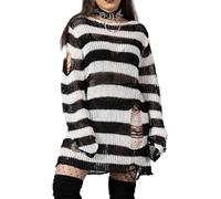 Women's Y2K Oversized Striped Sweater Long Sleeve Knitted Baggy Sweater Gothic Harajuku Loose Knit Pullover Jumper Tops Grunge Clothing(Black White,Large)