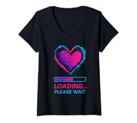 Womens Y2K Pixelated Heart Loading Please Wait Retro Vibes V-Neck T-Shirt