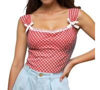 Women's Y2k Plaid Crop Top Square Neck Lace Trim Gingham Tank Top Spaghetti Strap Cami Shirt Going Out Corset Tops 2025 New