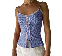 Women's Y2K Plaid Print Tank Tops Classic Tie-up Front Spaghetti Strap Frill Trim Vest Casual Gingham Shirts Blouses Streetwear (B-02, M)