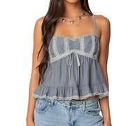 Women's Y2K Pleated Camisole Top Bowknot Front Spaghetti Strap V-Neck Lace Cropped Tops Summer Streetwear, A8 Gray, S