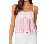 Women's Y2K Pleated Camisole Top Bowknot Front Spaghetti Strap V-Neck Lace Cropped Tops Summer Streetwear, A8 Pink, S