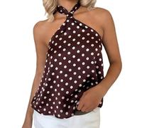 Womens Y2K Polka Dot Top Stain Sexy Sleeveless Backless Tie Back Babydoll Top Vintage Silky Old Money Blouse Streetwear (Brown-Polka Dot, S)