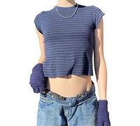 Womens Y2K Print Crop Tops Graphic Letter Print Summer Short Sleeve Tee T-Shirts E-Girls Teen Aesthetic Top Streetwear (Blue#1, M)