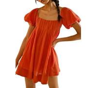 Women's Y2k Puff Sleeve Babydoll Mini Dress Square Neck Cross Tie Back Short Dress Summer Loose Ruffle Swing A line Sundress (A-Orange, L)