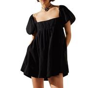 Women's Y2k Puff Sleeve Babydoll Mini Dress Square Neck Cross Tie Back Short Dress Summer Loose Ruffle Swing A line Sundress (A-Black, L)