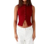 Women's Y2K Ribbed Button Down Vest Summer Sleeveless Solid Color Front Button Up Slim Fit Crop Shirt Basic Vest Aesthetic Tank Tops Going Out Basic Camisole Streetwear (Red, L)