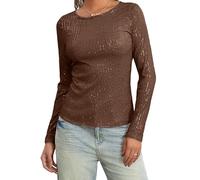 Women's Y2K Sequin Long Sleeve Top Dressy Sparkle Glitter Slim Crewneck Blouse Party Disco Rave Concert Shirts Outfits Clubwear (A-Dark Brown, XL)