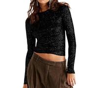 Women's Y2K Sequin Long Sleeve Top Sparkle Slim Blouse Glitter Evening Party Disco Rave Concert Shirts Clubwear (A-Black with Black Sequins, L)