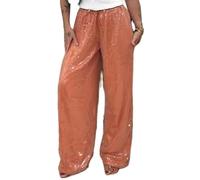 Women's Y2K Sequin Sparkle Pants Elastic Waist Drawstring Sparkly Glitter Wide Leg Disco Pants Party Club Dance Straight Leg Trousers (A-Orange, L)