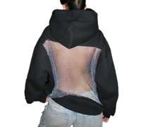 Womens Y2K Sexy Mesh Back Hoodies Oversize Crystal Lace Cutout Hoodie See Through Party Pullover With Pocket, Black, S