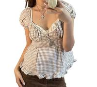 Women's Y2K Short Sleeve Crop Top Cute Ruched Baby Doll Tee Shirt Aesthetic Blouse Streetwear, Brown Plaid, M