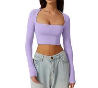 Women's Y2K Slim Fit Crop Tops Casual Solid Color Off Shoulder Crew Neck Long Sleeve Tight T-Shirt Basic Blouse Tee Tops (A5 Purple, XL)