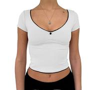 Women's Y2K Slim Fit Crop Tops Short Sleeve Low Cut Skinny T-Shirt Basic V Neck Lace Trim Tee Shirts 90s E-Girl Aesthetic Tops Streetwear (White, S)