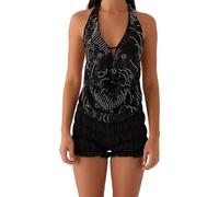 Women's Y2K Sparkly Glitter Crop Top Sparkly Sequins Halter Neck Tank Top Sexy Deep V Neck Tie Backless Vests Summer Camisole for Club Party Black