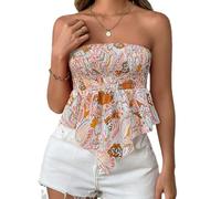 Women's Y2K Strapless Tube Tops Boho Floral Ruched Off-Shoulder Bandeau Vest Asymmetrical Hem Aesthetic Corset Top (A-Orange, L)