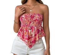 Women's Y2K Strapless Tube Tops Boho Floral Ruched Off-Shoulder Bandeau Vest Asymmetrical Hem Aesthetic Corset Top (A-Multi, L)
