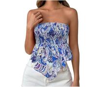 Women's Y2K Strapless Tube Tops Boho Floral Ruched Off-Shoulder Bandeau Vest Asymmetrical Hem Aesthetic Corset Top Summer Sleeveless Vest Tops Blue