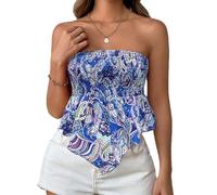 Women's Y2K Strapless Tube Tops Boho Floral Ruched Off-Shoulder Bandeau Vest Asymmetrical Hem Aesthetic Corset Top (A-Blue, S)