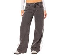Women's Y2k Stripe Side Bow Tie Jeans Low Rise Baggy Straight Wide Leg Button Front Boyfriend Denim Pants Streetwear (A-Black, M)