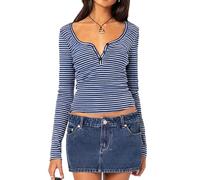 Women's Y2K Striped Fitted Tees Long Sleeve Shirt Crew Neck Half Button Stretch Top for Spring Autumn Layering Casual Streetwear (A-Blue, S)